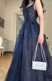 Navy Blue A-Line Spaghetti Straps Tulle Embroidery Applique Long Prom Dress Evening Dress HZ1024