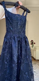 Navy Blue A-Line Spaghetti Straps Tulle Embroidery Applique Long Prom Dress Evening Dress HZ1024