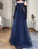 Navy Blue A-Line Spaghetti Straps Tulle Embroidery Applique Long Prom Dress Evening Dress HZ1024