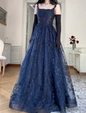 Navy Blue A-Line Spaghetti Straps Tulle Embroidery Applique Long Prom Dress Evening Dress HZ1024