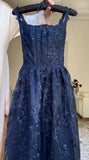 Navy Blue A-Line Spaghetti Straps Tulle Embroidery Applique Long Prom Dress Evening Dress HZ1024