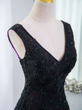 Tulle A-Line V-Neck Purple Satin Lace Applique Long Prom Dress With Beadings HZ1024