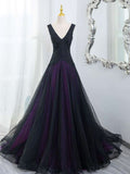 Tulle A-Line V-Neck Purple Satin Lace Applique Long Prom Dress With Beadings HZ1024
