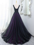 Tulle A-Line V-Neck Purple Satin Lace Applique Long Prom Dress With Beadings HZ1024