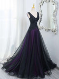 Tulle A-Line V-Neck Purple Satin Lace Applique Long Prom Dress With Beadings HZ1024