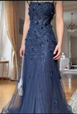 Blue Tulle A-Line Spaghetti Strap Appliqu¨¦ Long Prom Dress Evening Dress HZ1024