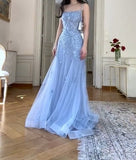 Blue Tulle A-Line Spaghetti Strap Appliqu¨¦ Long Prom Dress Evening Dress HZ1024