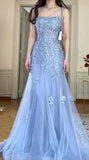 Blue Tulle A-Line Spaghetti Strap Appliqu¨¦ Long Prom Dress Evening Dress HZ1024