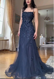 Blue Tulle A-Line Spaghetti Strap Appliqu¨¦ Long Prom Dress Evening Dress HZ1024