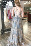 A-Line Spaghetti Strap Tulle Long Prom Dress Sequins Evening Gown with Slits HZ1024