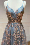 A-Line Spaghetti Strap Tulle Long Prom Dress Sequins Evening Gown with Slits HZ1024