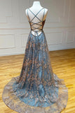 A-Line Spaghetti Strap Tulle Long Prom Dress Sequins Evening Gown with Slits HZ1024