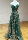 A-Line Spaghetti Strap Tulle Long Prom Dress Sequins Evening Gown with Slits HZ1024