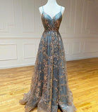 A-Line Spaghetti Strap Tulle Long Prom Dress Sequins Evening Gown with Slits HZ1024