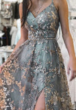 A-Line Spaghetti Strap Tulle Long Prom Dress Sequins Evening Gown with Slits HZ1024