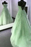 Green A-Line Spaghetti Strap Tulle Applique Long Prom Dress HZ1024