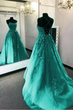 Green A-Line Spaghetti Strap Tulle Applique Long Prom Dress HZ1024