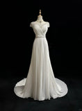 Elegant A-Line Chiffon V-neck Long Prom Dress with Beading Simple Wedding Dress HZ1024