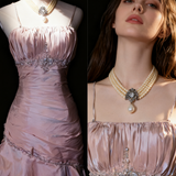 Spaghetti Straps Mermaid Evening Dress?? Pink Satin Layered Pleated Prom Dress with Beading HZ1024
