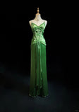Spaghetti Strap Sheath Satin Beaded Prom Dress Evening Gown HZ1024