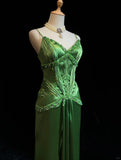 Spaghetti Strap Sheath Satin Beaded Prom Dress Evening Gown HZ1024