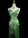 Spaghetti Strap Sheath Satin Beaded Prom Dress Evening Gown HZ1024