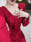 retro red ruffled niche design slim long skirt HZ1024