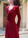 retro red ruffled niche design slim long skirt HZ1024