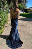 Backless Mermaid V-Neck Sleeveless Velvet Long Prom Dress HZ1024