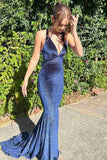 Backless Mermaid V-Neck Sleeveless Velvet Long Prom Dress HZ1024