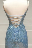 Tiffany Blue Spaghetti Straps Tulle Applique Long Prom Dress Sequined Evening Dress with Slits HZ1024