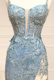 Tiffany Blue Spaghetti Straps Tulle Applique Long Prom Dress Sequined Evening Dress with Slits HZ1024