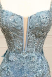 Tiffany Blue Spaghetti Straps Tulle Applique Long Prom Dress Sequined Evening Dress with Slits HZ1024