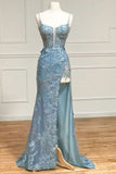 Tiffany Blue Spaghetti Straps Tulle Applique Long Prom Dress Sequined Evening Dress with Slits HZ1024
