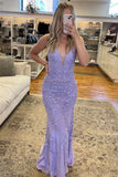Lilac Mermaid V-neck Applique Long Prom Dress Sequined Evening Dress HZ1024