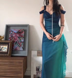 Blue Sweetheart Neck Bodycon Dress Ruffled Party Dress Spaghetti Strap Evening Dress HZ1024