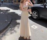 Sweet Lace Applique Spaghetti Strap Mermaid Sleeveless Long Birthday Prom Dress Adult Ceremony Graduation Prom Dress HZ1024