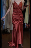 Red Vintage Halter Mermaid Satin Long Backless Prom Dress Sleeveless Party Dress HZ1024