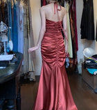 Red Vintage Halter Mermaid Satin Long Backless Prom Dress Sleeveless Party Dress HZ1024