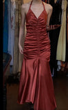 Red Vintage Halter Mermaid Satin Long Backless Prom Dress Sleeveless Party Dress HZ1024