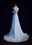 Blue A-line Chiffon Pleated One Shoulder Slit Long Evening Gown Wedding Guest Dress HZ1024