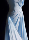 Blue A-line Chiffon Pleated One Shoulder Slit Long Evening Gown Wedding Guest Dress HZ1024