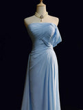 Blue A-line Chiffon Pleated One Shoulder Slit Long Evening Gown Wedding Guest Dress HZ1024