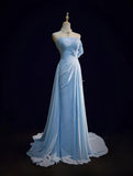 Blue A-line Chiffon Pleated One Shoulder Slit Long Evening Gown Wedding Guest Dress HZ1024