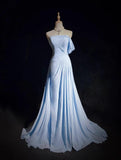 Blue A-line Chiffon Pleated One Shoulder Slit Long Evening Gown Wedding Guest Dress HZ1024