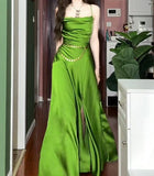 Green Spaghetti Strap Slit Satin Long Sleeveless Prom Dress Party Pong Evening Dress HZ1024