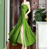 Green Spaghetti Strap Slit Satin Long Sleeveless Prom Dress Party Pong Evening Dress HZ1024