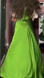 Green Spaghetti Strap Slit Satin Long Sleeveless Prom Dress Party Pong Evening Dress HZ1024