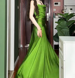 Green Spaghetti Strap Slit Satin Long Sleeveless Prom Dress Party Pong Evening Dress HZ1024