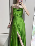 Green Spaghetti Strap Slit Satin Long Sleeveless Prom Dress Party Pong Evening Dress HZ1024